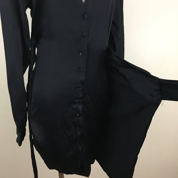 NWT ZARA Long Sleeve Black Satin Button Collared Flap Tie Overlay Front Dress - Picture 9 of 14